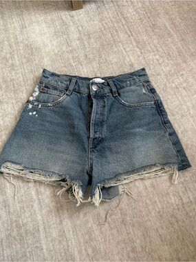 Zara Distressed High-Waist Denim Shorts - Medium Blue